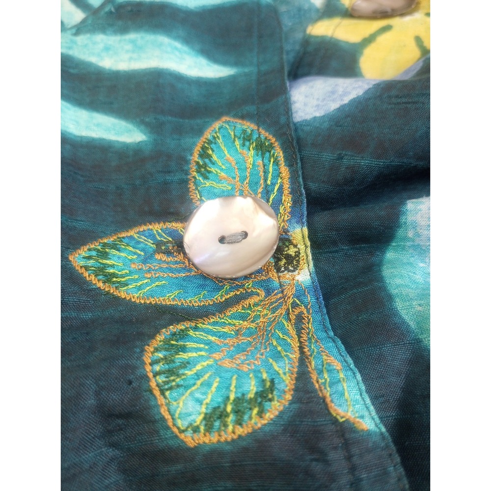 chicos tops size 2 L Jacket Dress Button Shirt 100% Silk Floral Embroidery Blue - Picture 5 of 9